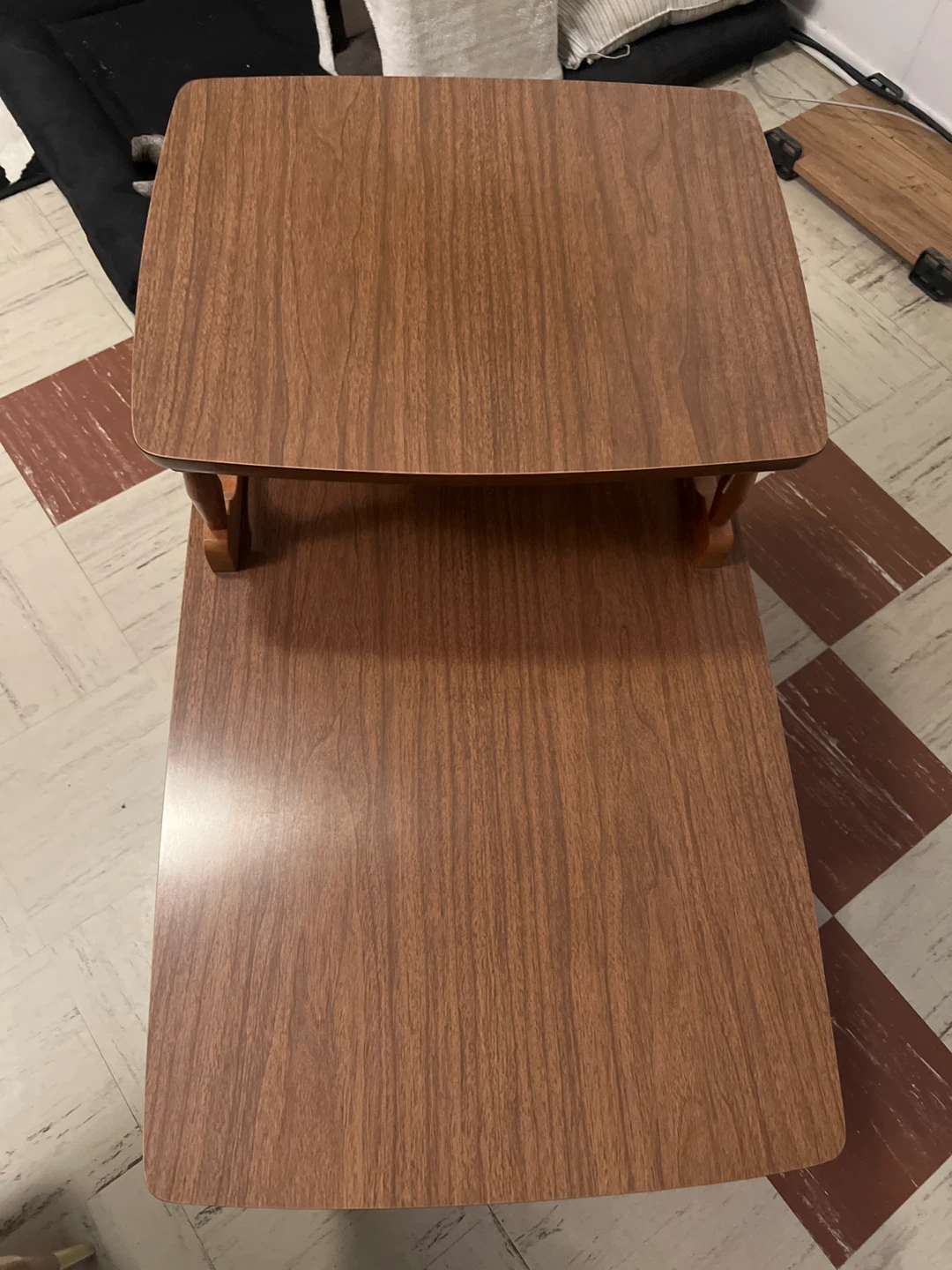 mid Century Walnut Coffee Table w/ Raised Shelf & Brass - photo 2