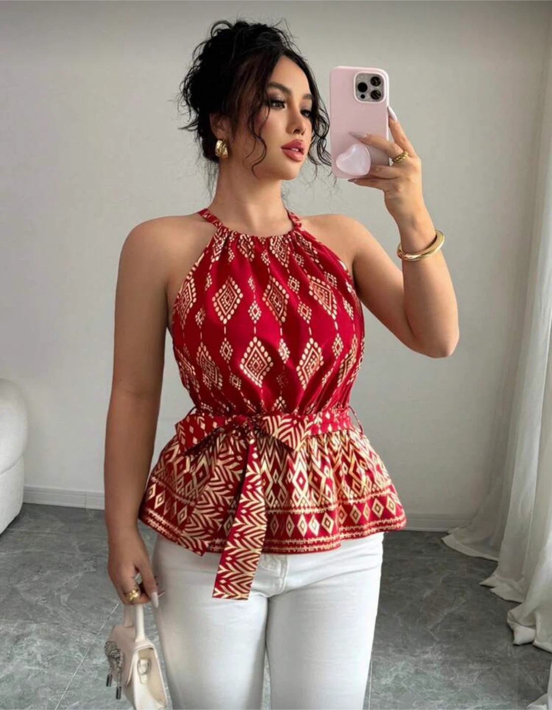 Red and Gold Geometric Print Halter Top