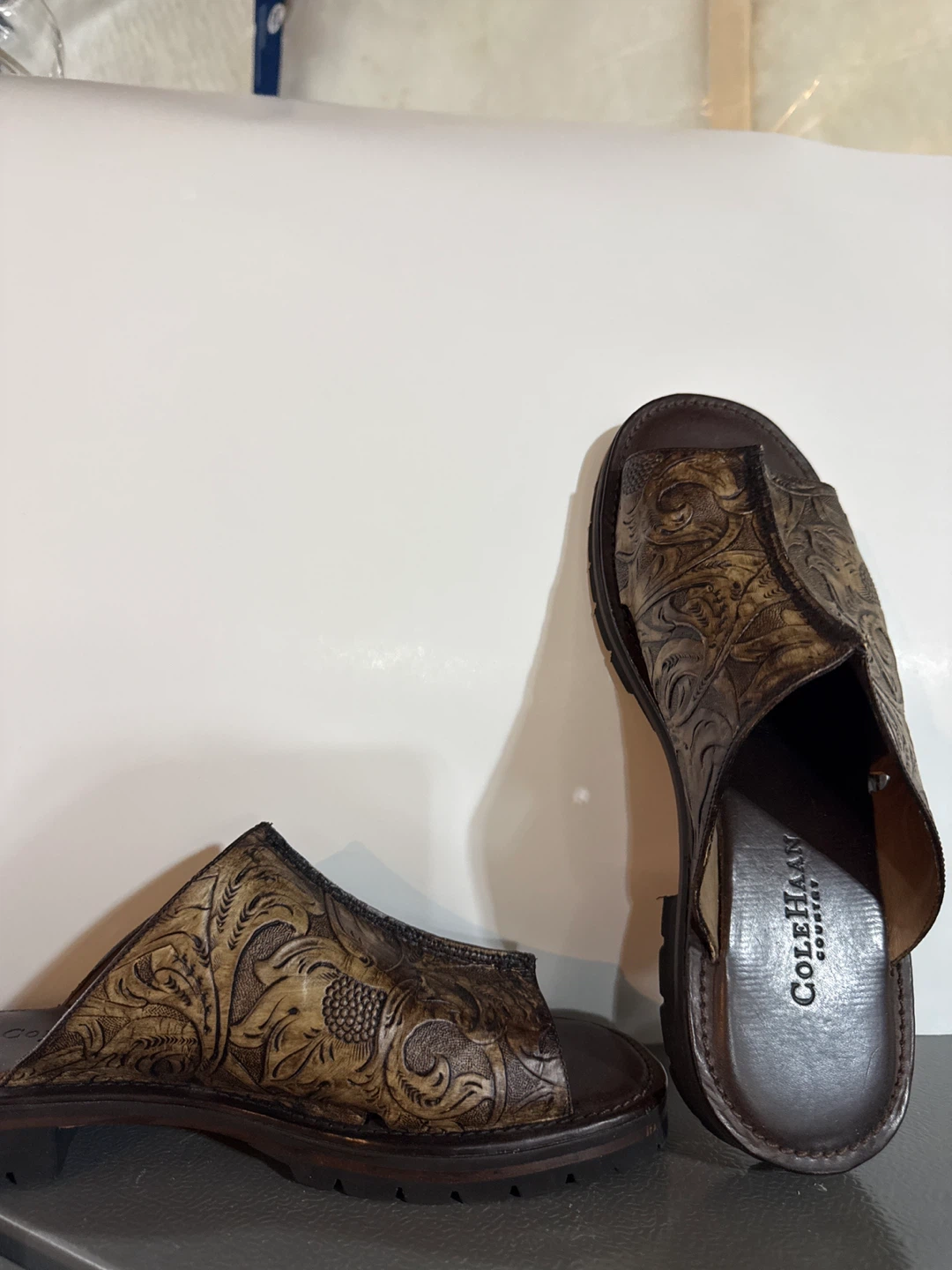 Cole Haan Embossed Leather Slides - Size 9