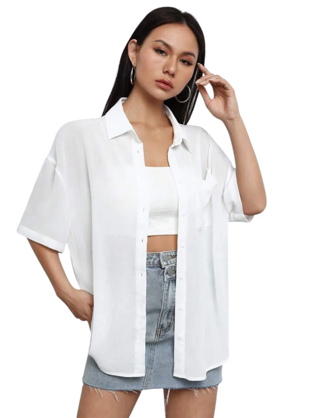 SHEIN EZwear White Collared Button Down Shirt Size Small