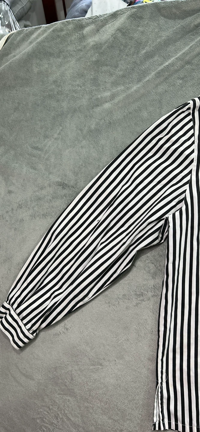 Black and White Striped Collared Shirt with Gold Accents - photo 4