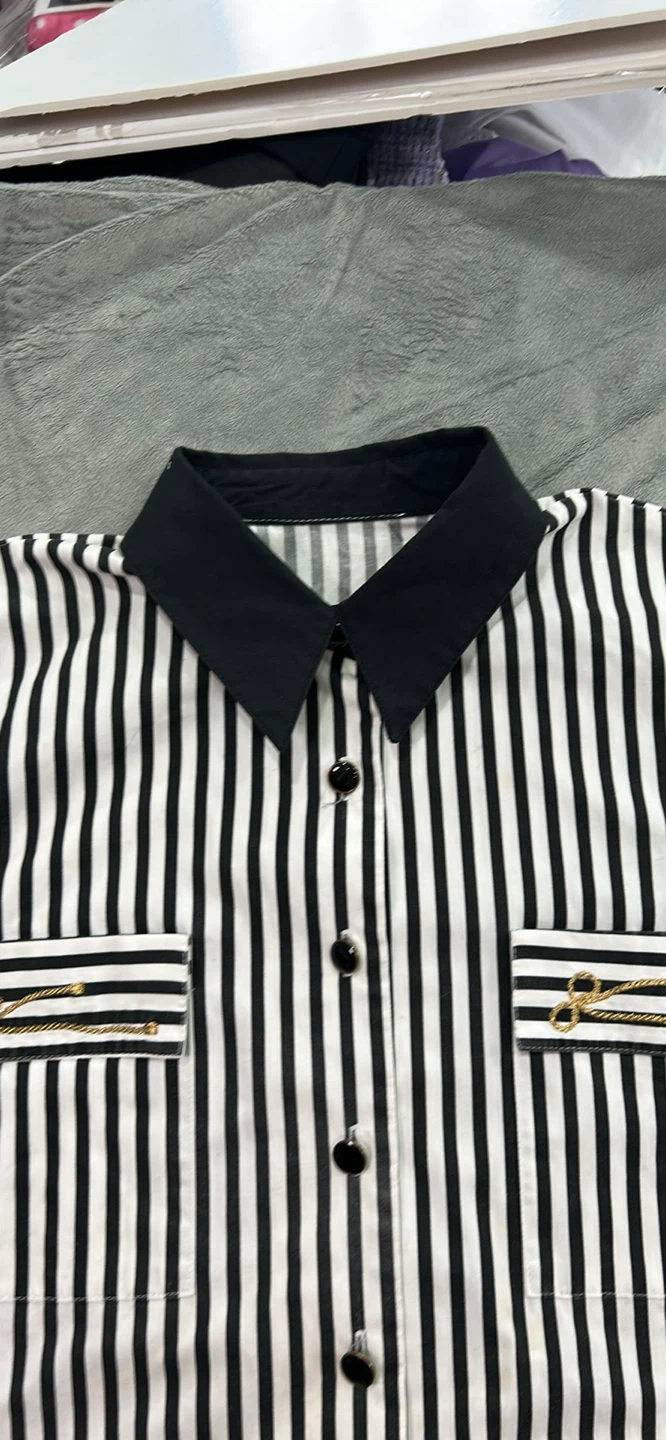 Black and White Striped Collared Shirt with Gold Accents - photo 3