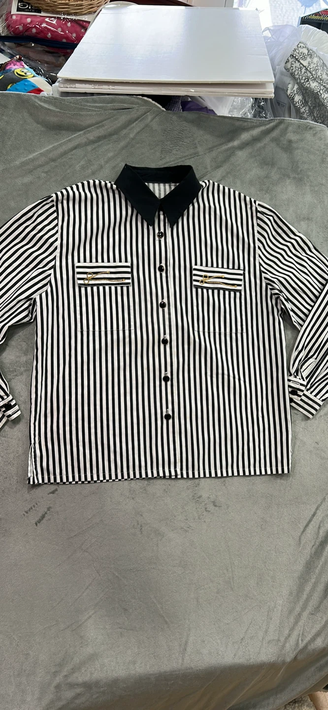 Black and White Striped Collared Shirt with Gold Accents