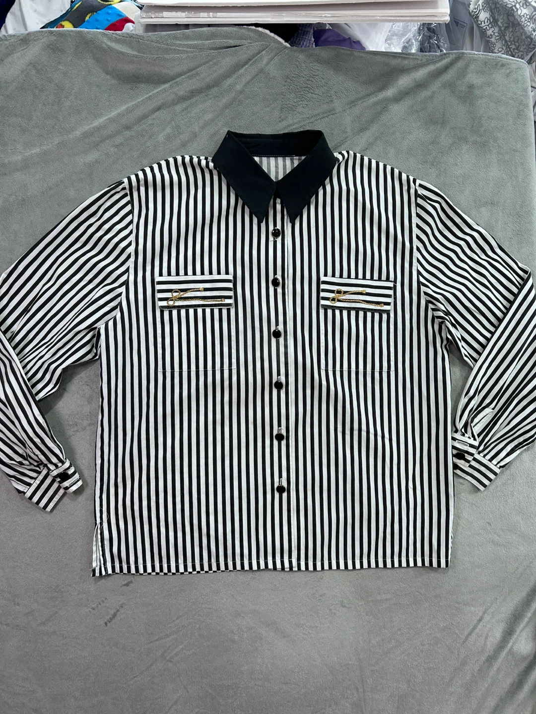 Black and White Striped Collared Shirt with Gold Accents - photo 2