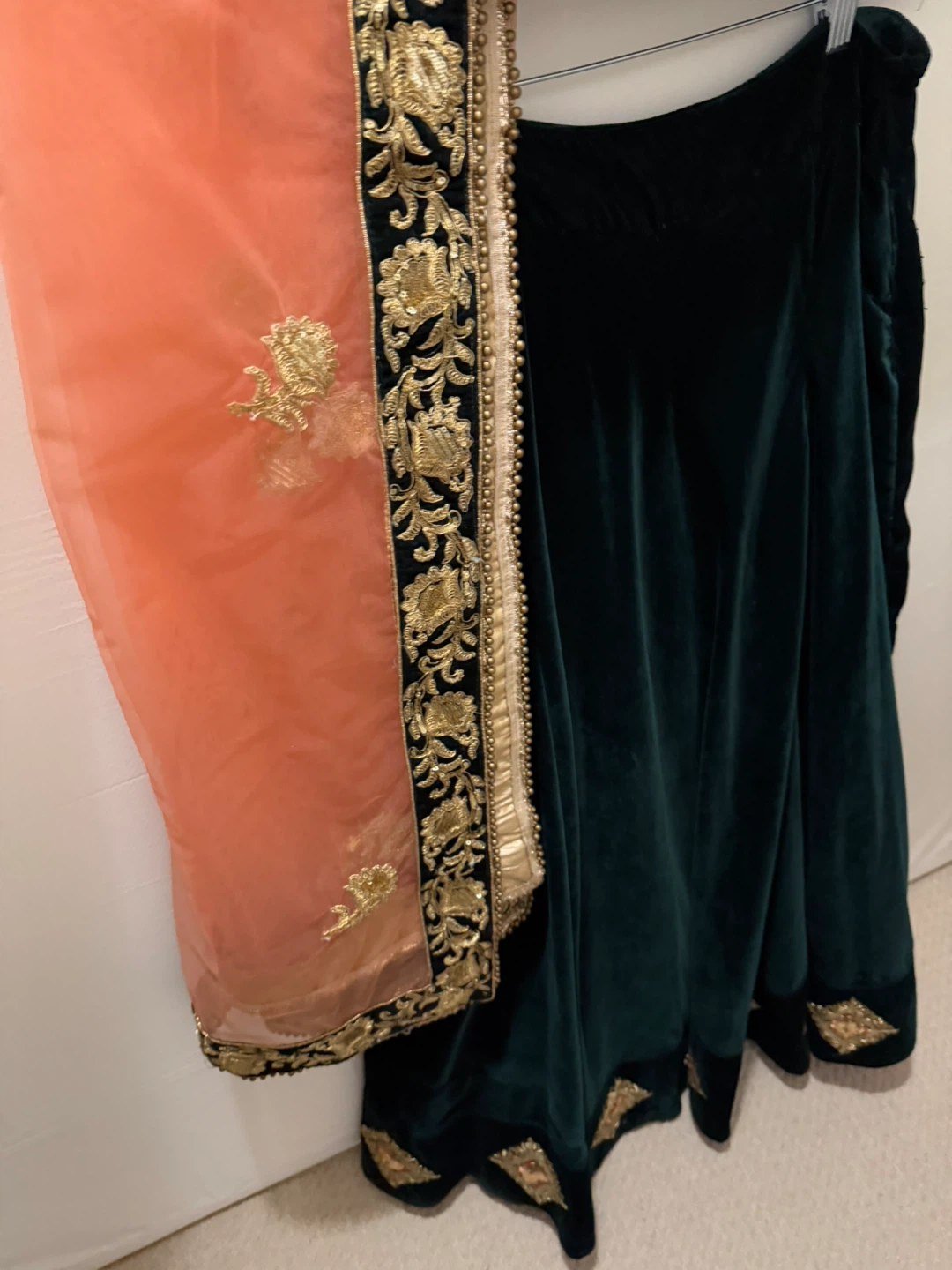 Green Velvet Dress with Peach Dupatta