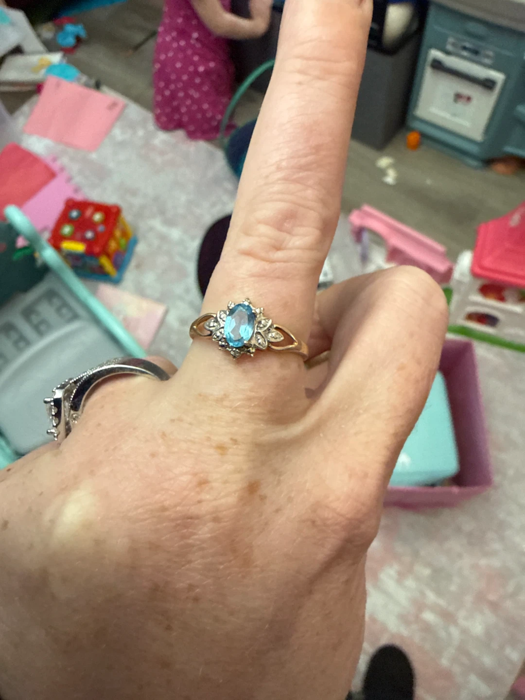 Gold Tone Oval Blue Stone Ring