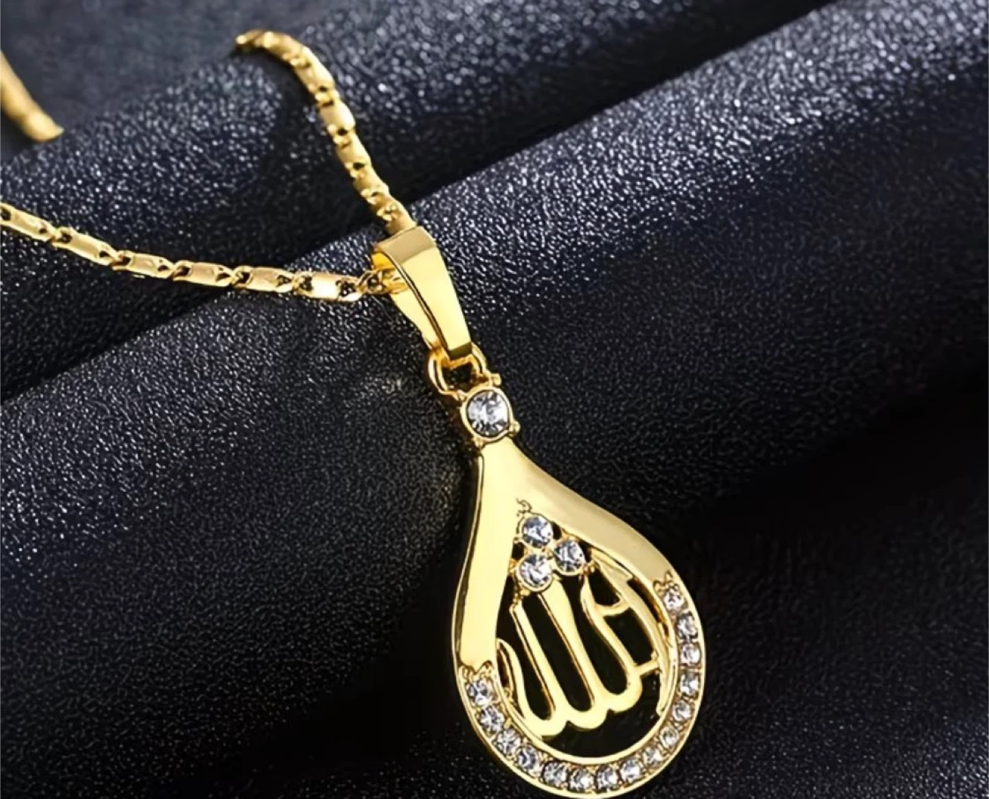 Gold-tone Allah Pendant Necklace with Rhinestones