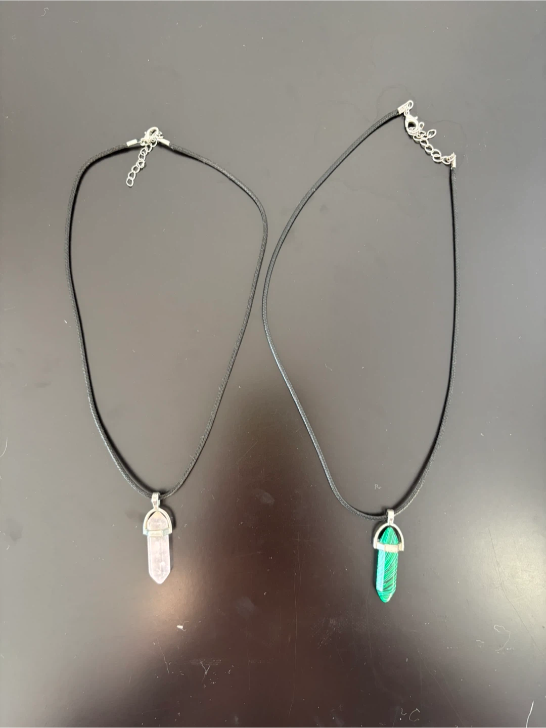 Two Crystal Pendant Necklaces - Rose Quartz & Malachite