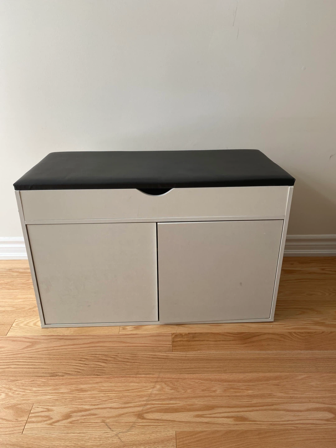 White Shoe Cabinet with Black Padded Seat