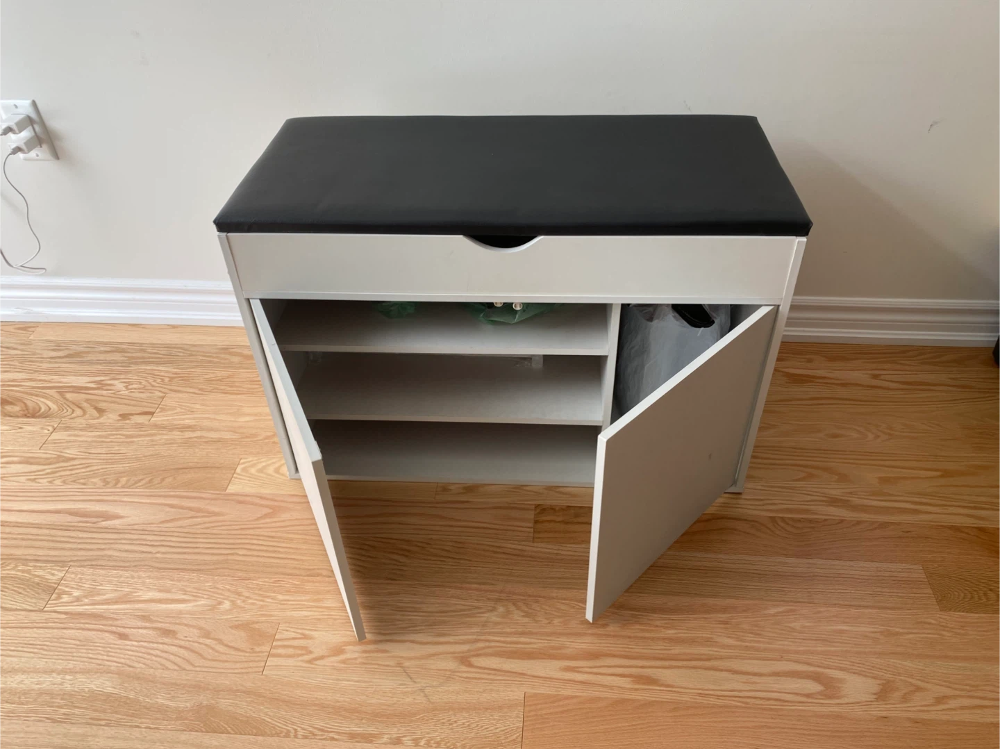 White Shoe Cabinet with Black Padded Seat - photo 2