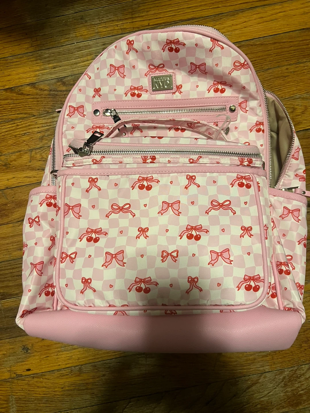 Madden NYC Pink Cherry & Bow Checkered Backpack