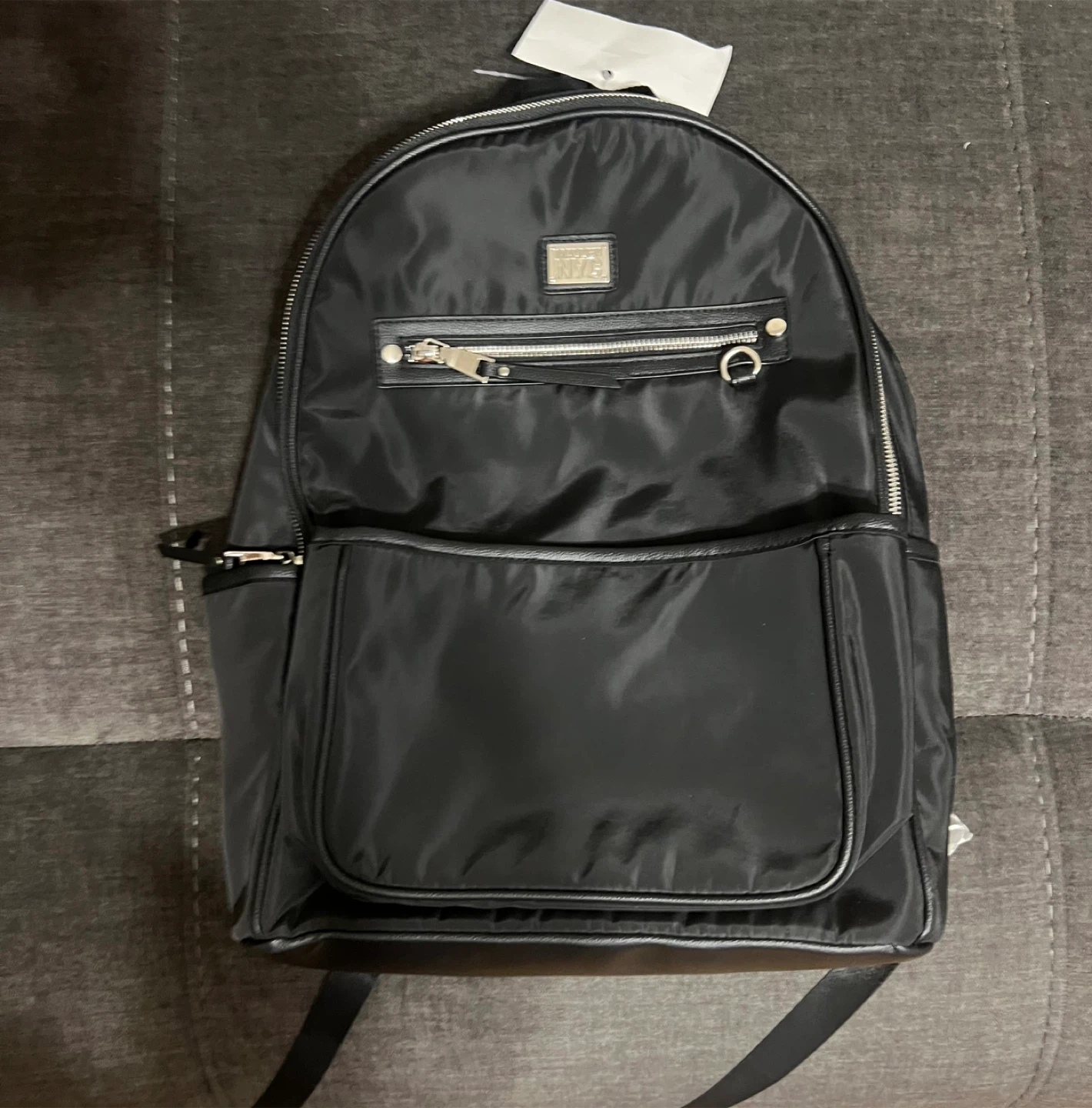 Black Nylon Backpack with Faux Leather Trim