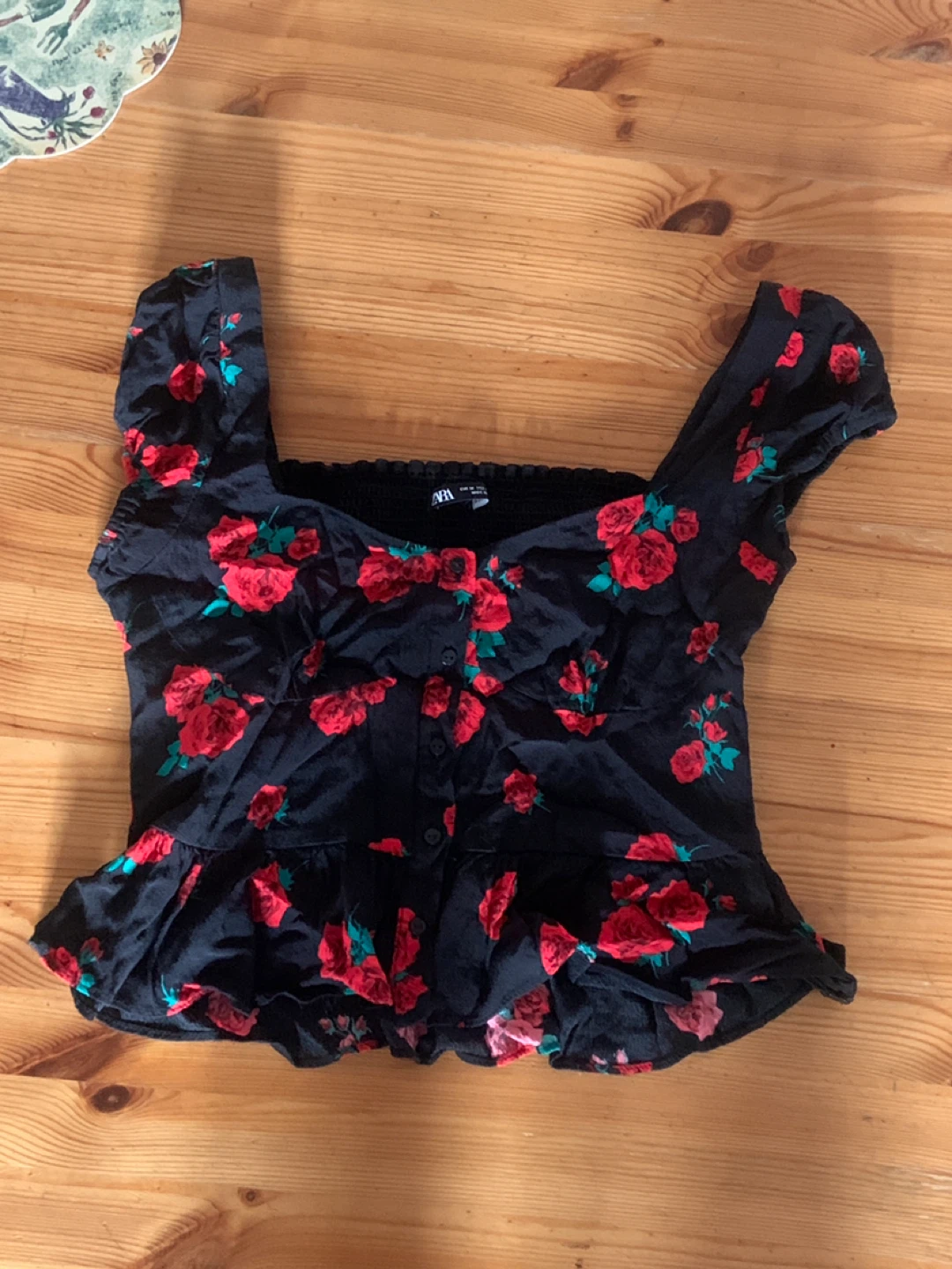 ZARA Black Rose Print Peplum Top