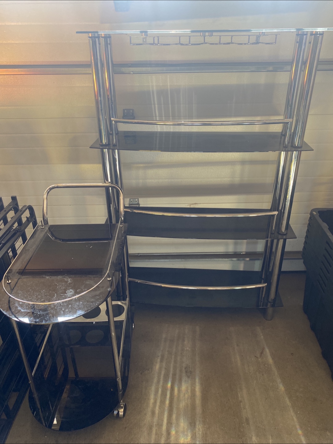 Modern Glass and Chrome Bar Cart and Shelf Unit