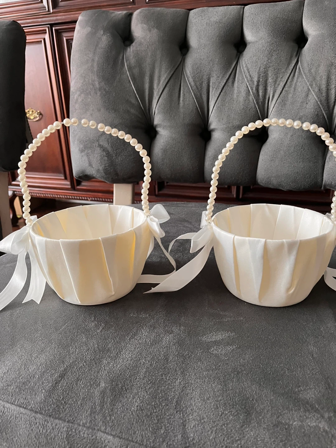 Set of 2 Flower Girl Baskets with Pearl Handles