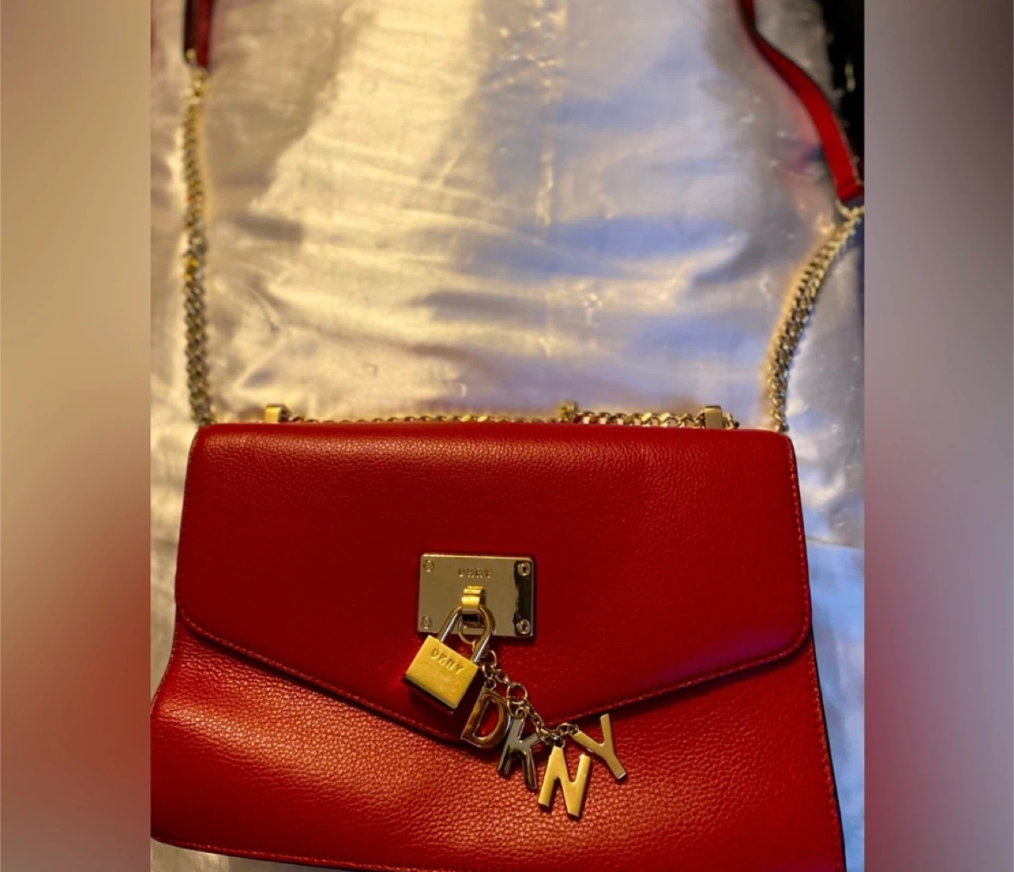 DKNY Red Leather Shoulder Bag with Gold Chain