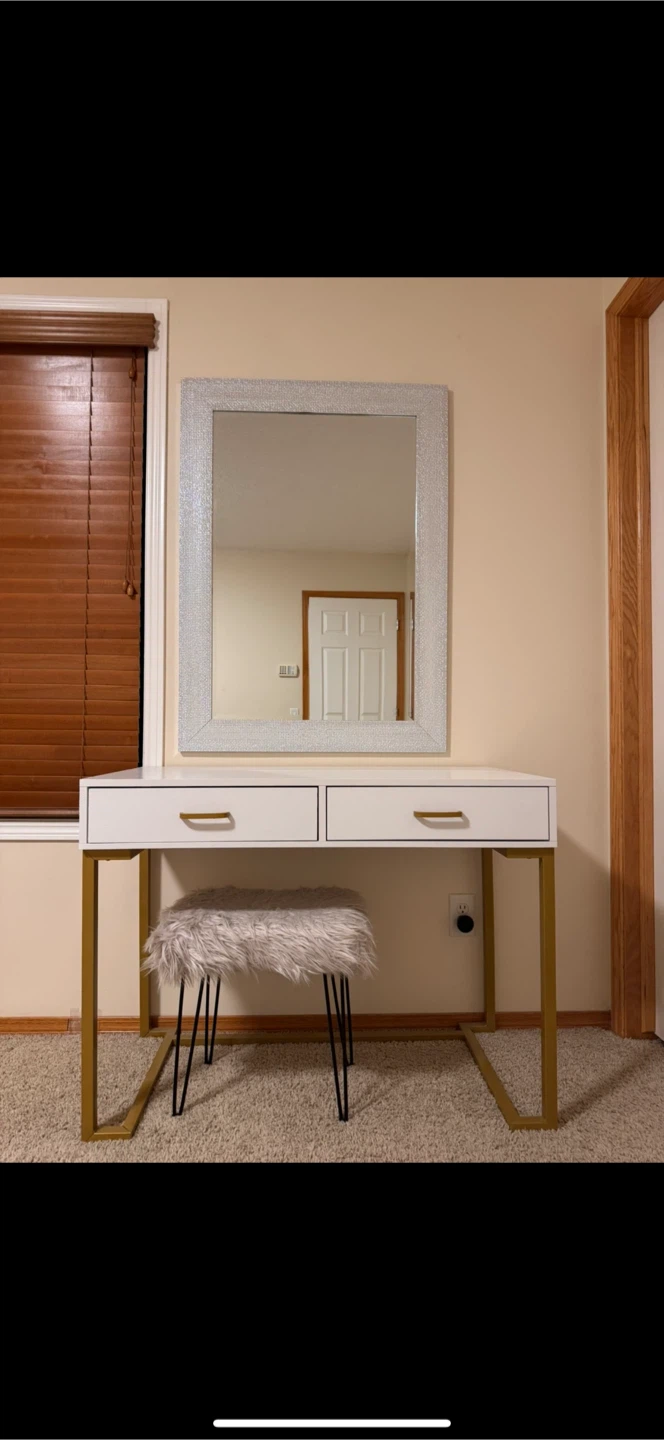 White Vanity Desk with Golden legs and Mirror