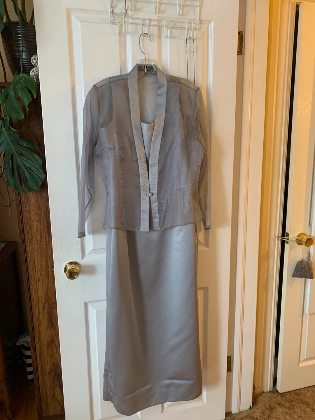 OBLIQUE Grey Sheer Jacket and Dress Set - Size 8