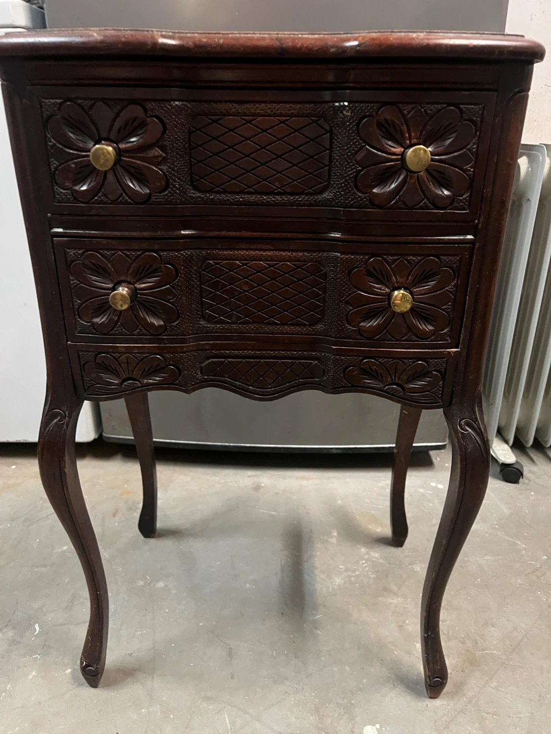 Antique Carved Wooden Side Table with Drawers