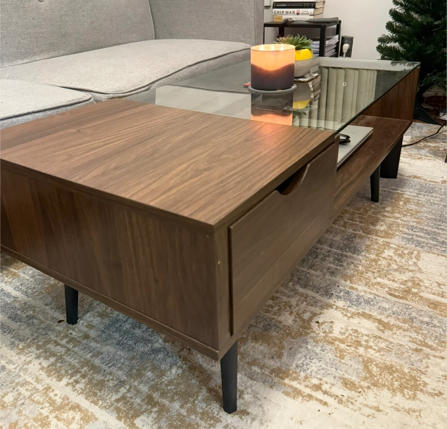 Mid-Century Modern Walnut Coffee Table with Glass Top