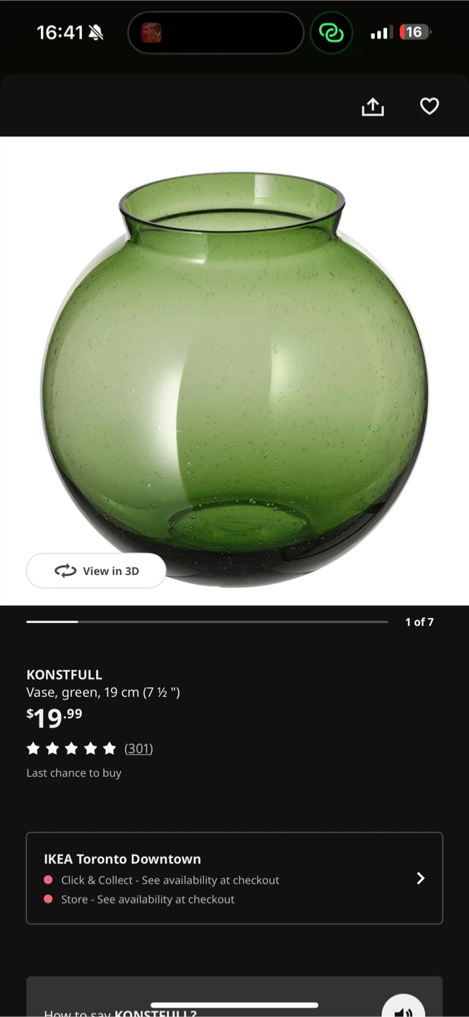 IKEA KONSTFULL Vase, Green, 19 cm