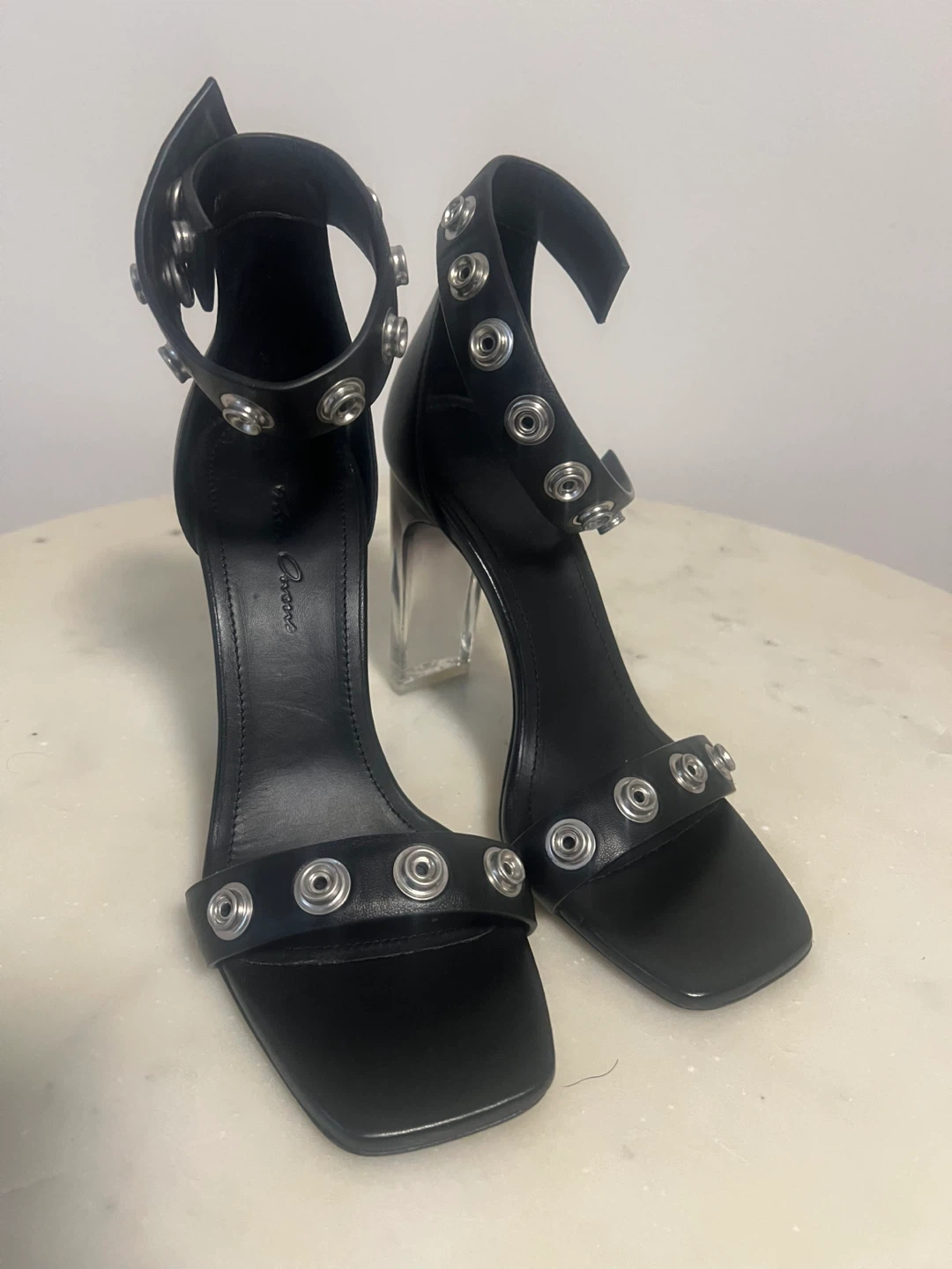 Rick Owens Black Leather Grommet Ankle Strap Heels Sz 36