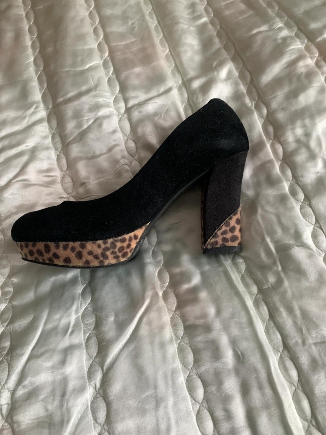 Belle Black Suede Leopard Print Block Heel Pumps