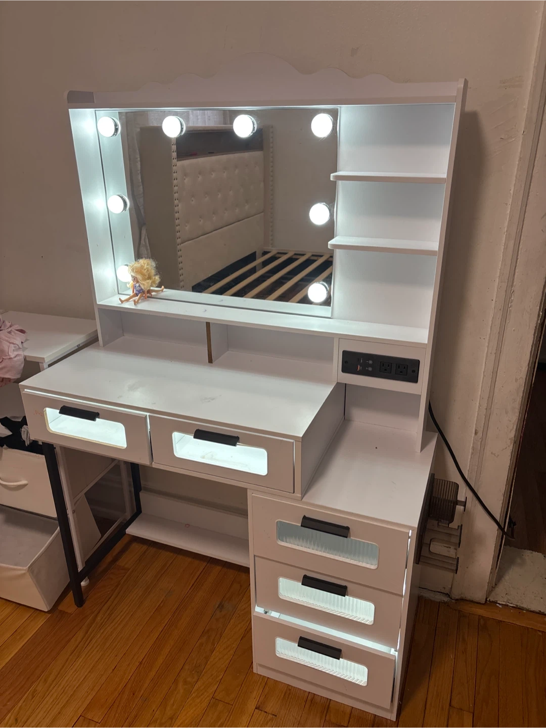 White Vanity Desk with Hollywood Lights and Built-in Outlets