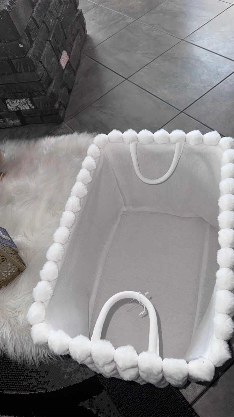 White Faux Fur Baby Organizer Basket with Pom Pom Trim - photo 3
