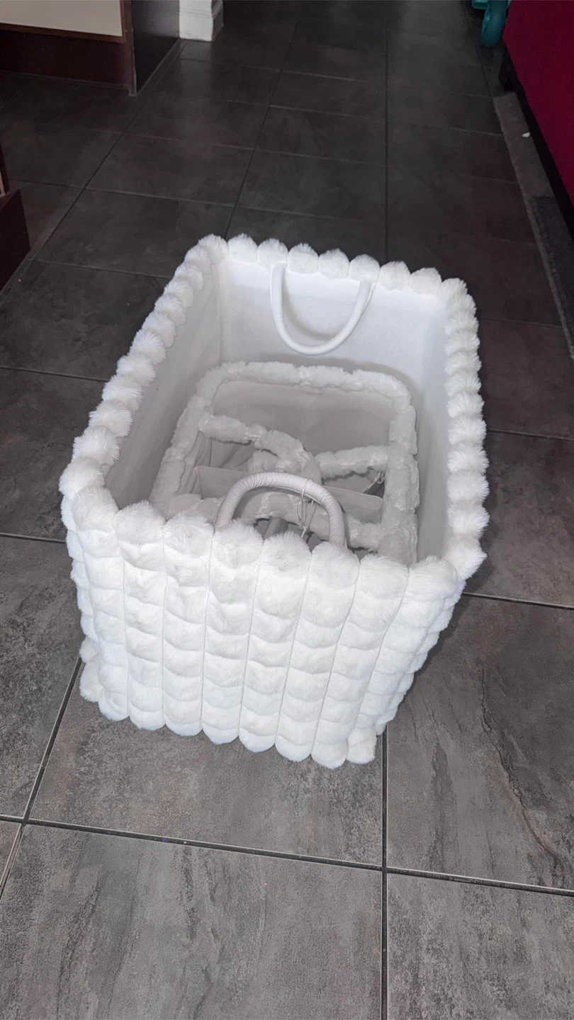 White Faux Fur Baby Organizer Basket with Pom Pom Trim