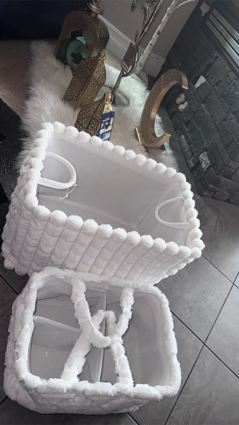 White Faux Fur Baby Organizer Basket with Pom Pom Trim - photo 4
