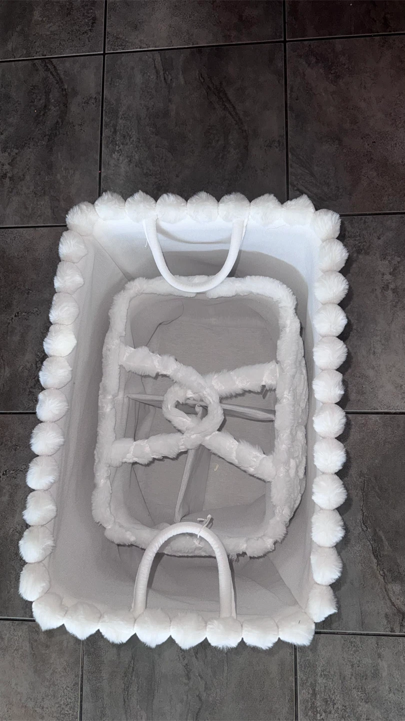 White Faux Fur Baby Organizer Basket with Pom Pom Trim - photo 2