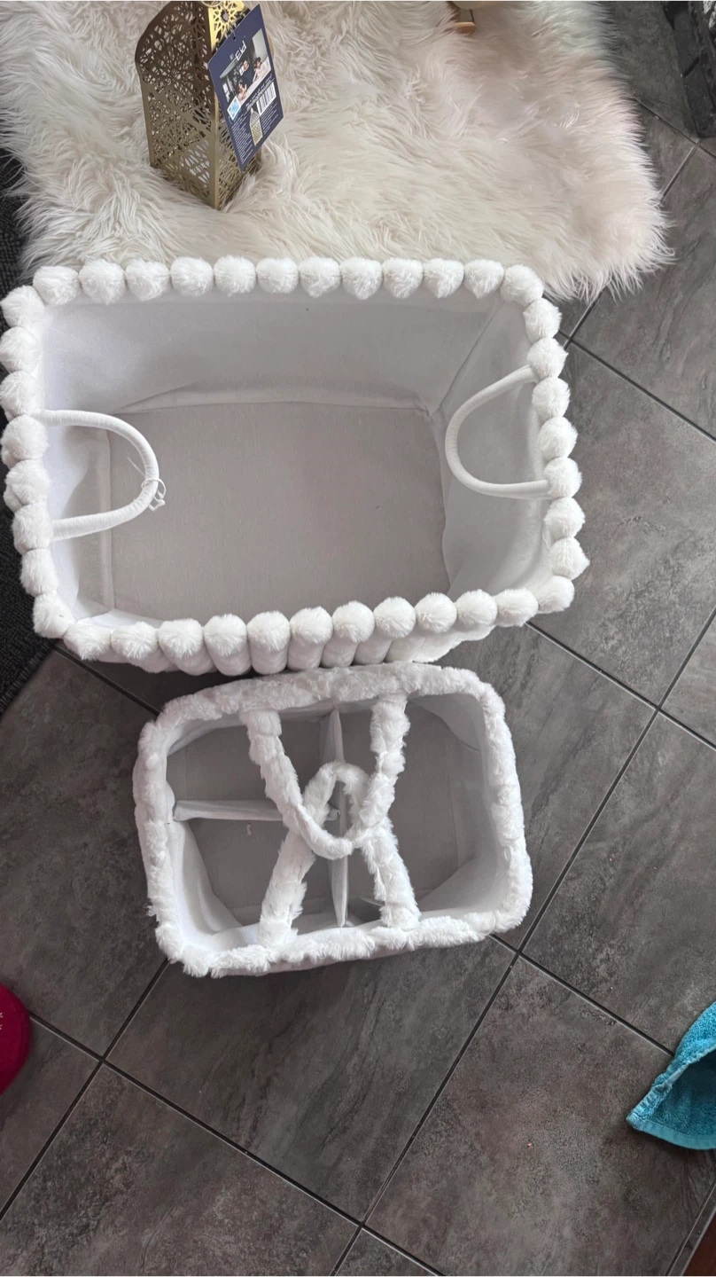 White Faux Fur Baby Organizer Basket with Pom Pom Trim - photo 5
