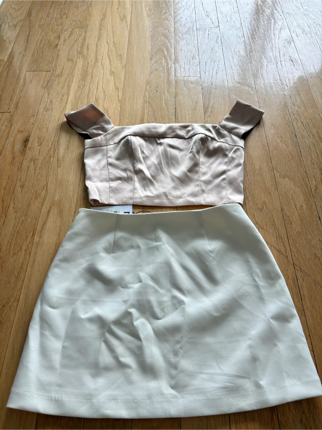 Dynamite Pink Satin Off-the-Shoulder Top & Beige Skirt Set