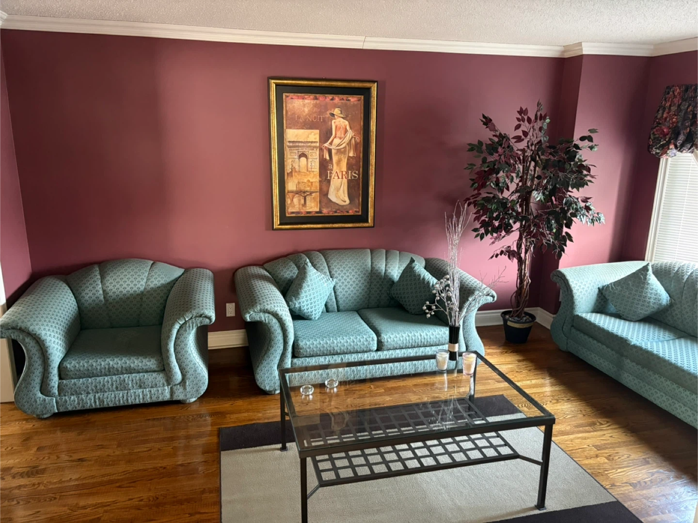 Light green patterned sofa, love seat & armchair set