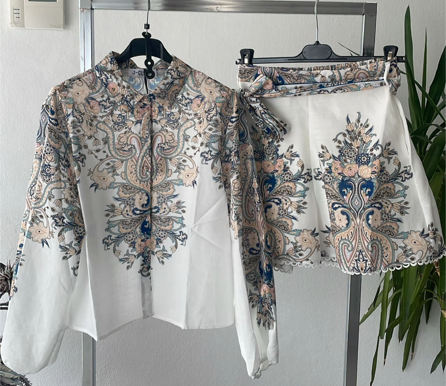 J-CL White Paisley Print Blouse and Skirt Set