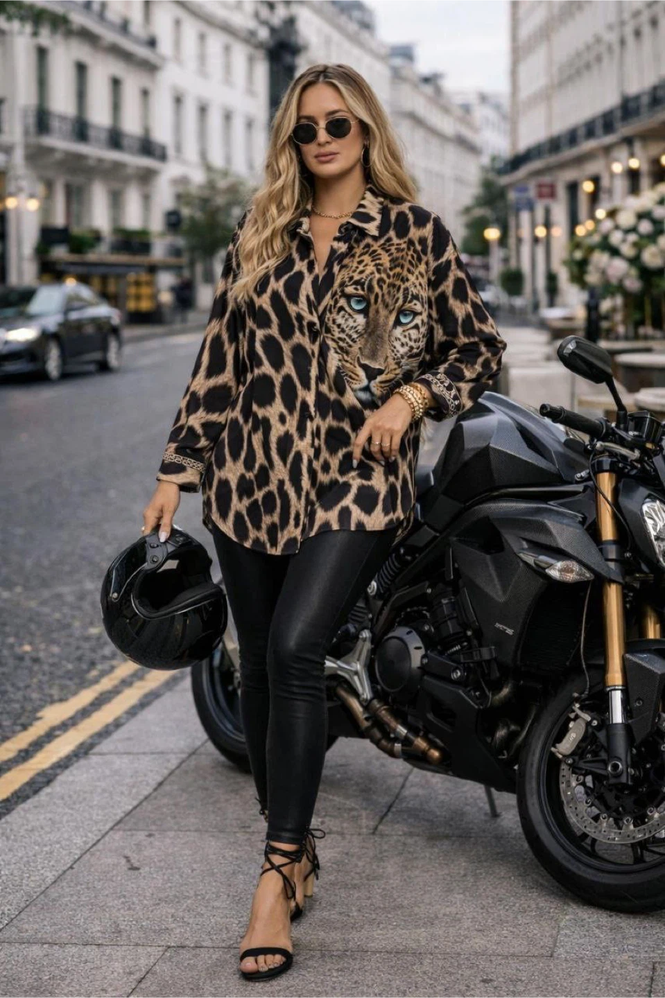 Leopard Print Button-Up Shirt with Cheetah Face