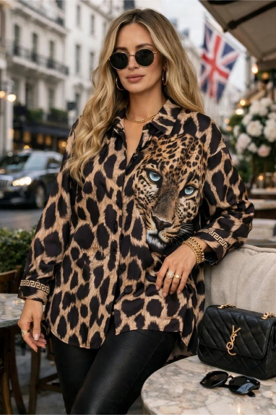 Leopard Print Button-Up Shirt with Cheetah Face - photo 3