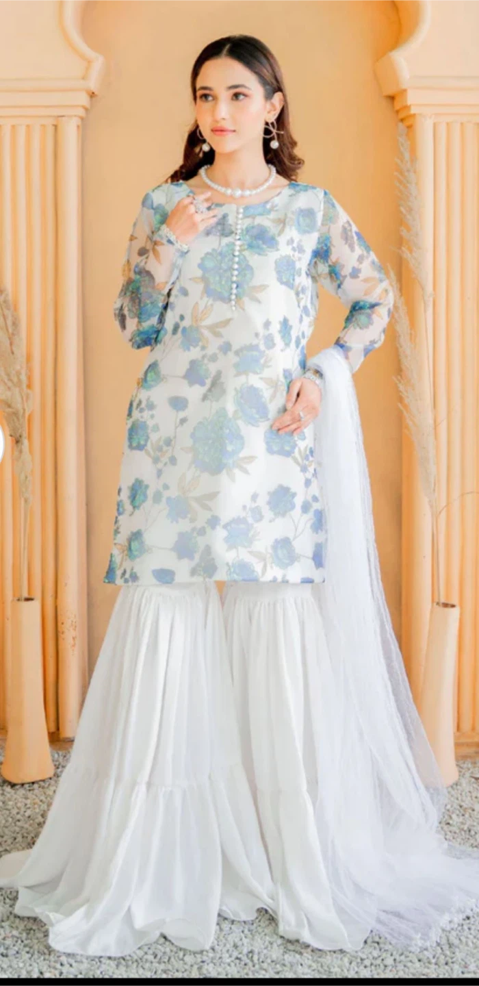 White Sharara Suit with Floral Print