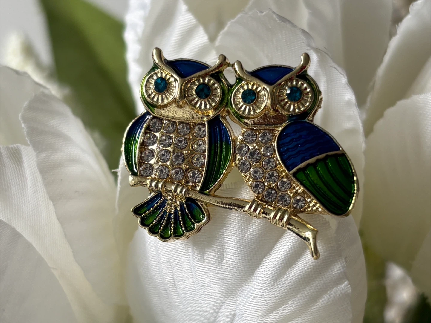 Cute Gold Owl Brooch with Blue and Green Enamel