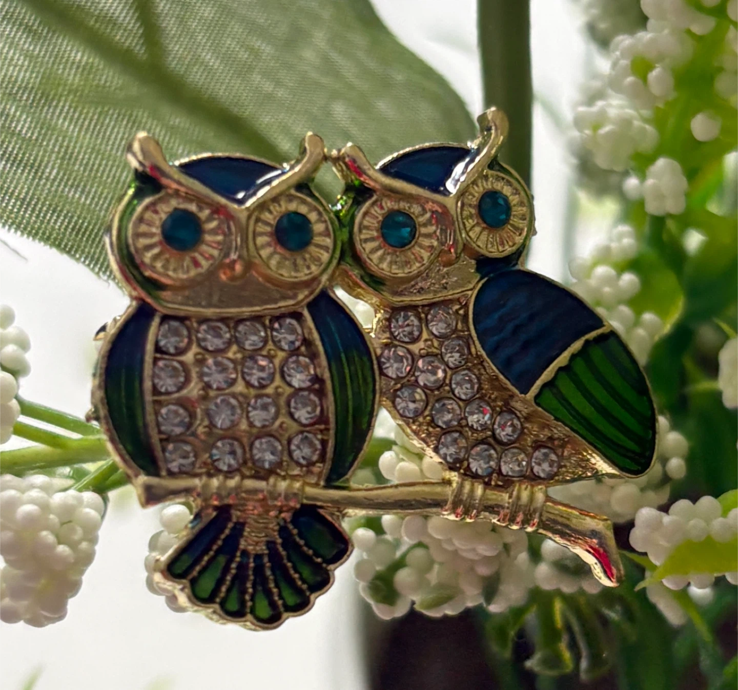 Cute Gold Owl Brooch with Blue and Green Enamel - photo 2
