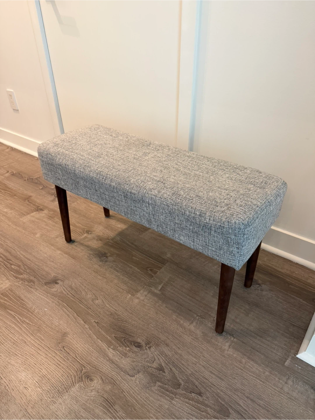 Grey Upholstered Bench with Wooden Legs