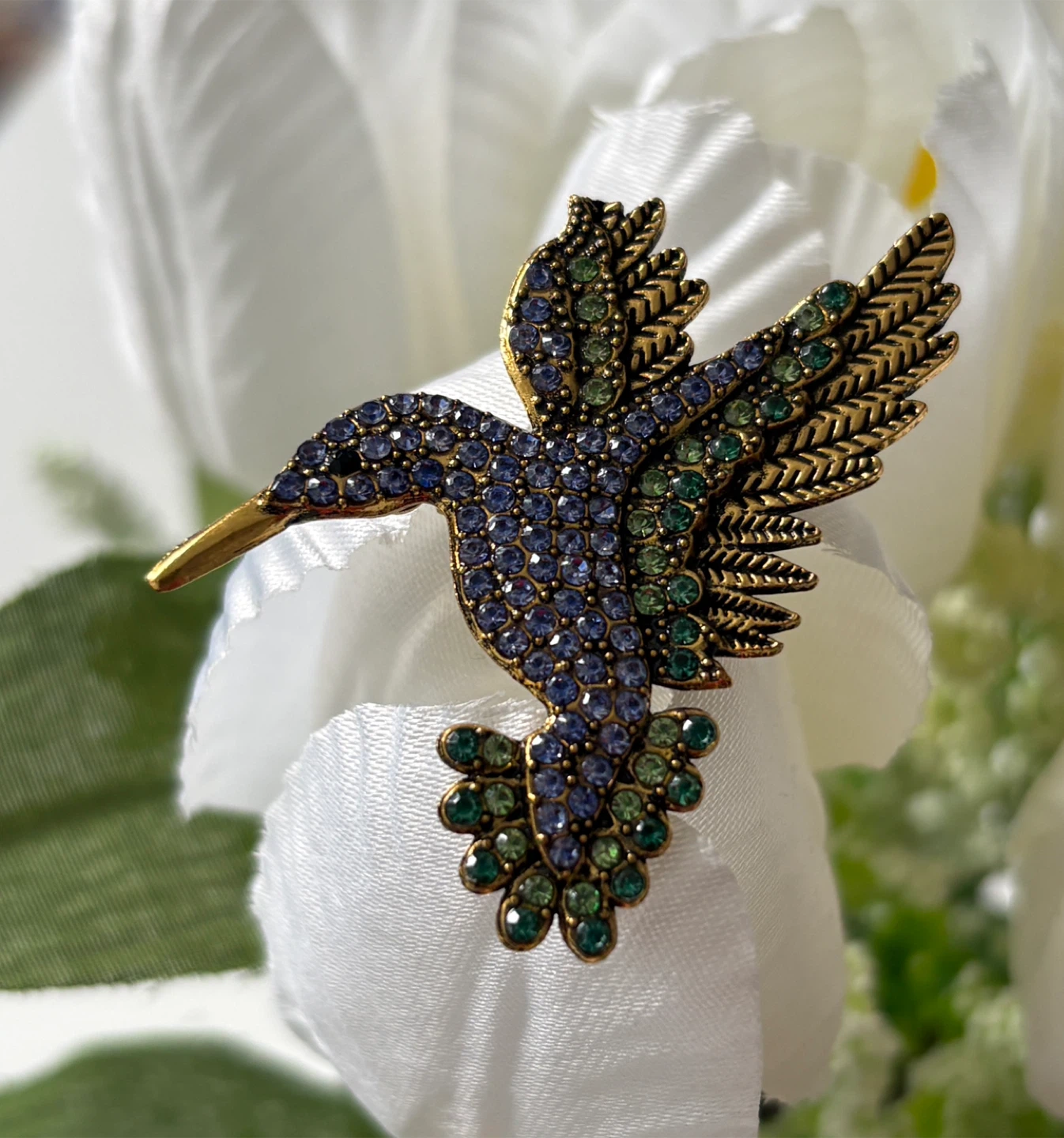 Gorgeous Hummingbird Brooch with Blue and Green Rhinestones