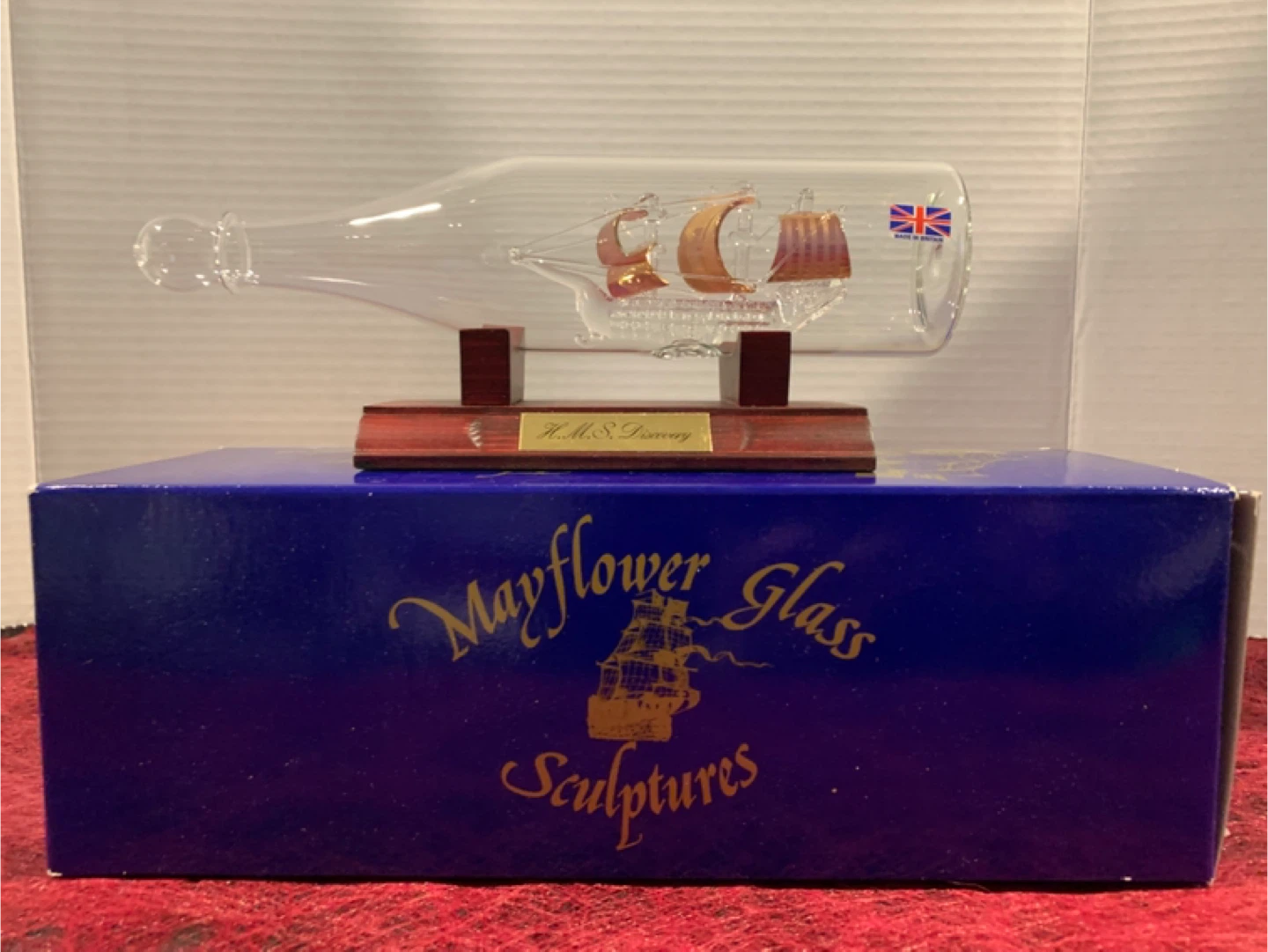 Mayflower Glass H.M.S. Discovery Ship in a Bottle Sculpture
