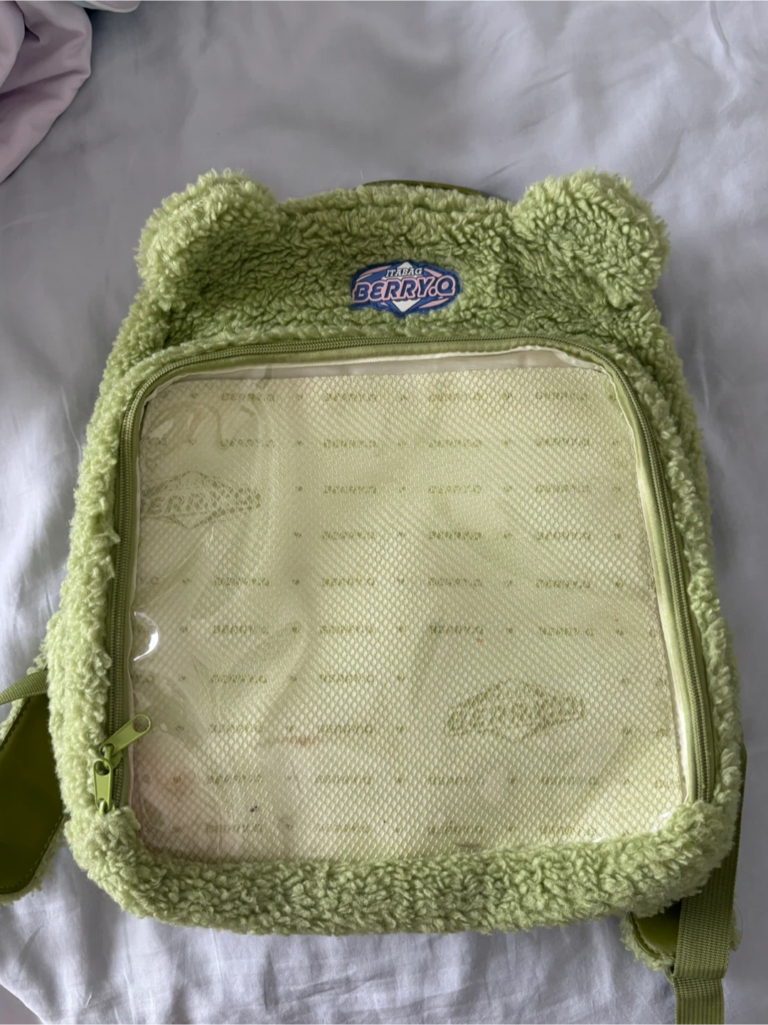 BerryQ ITA pin display Green Teddy Backpack with Clear Window