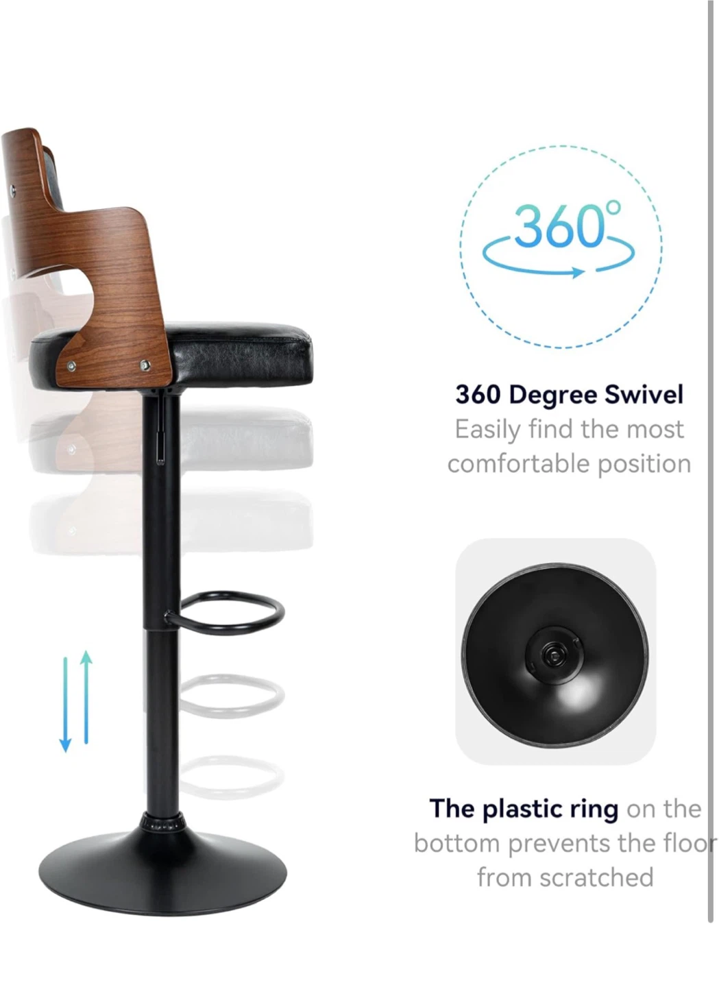 Adjustable Swivel Bar Stool with Wood Backrest - photo 4