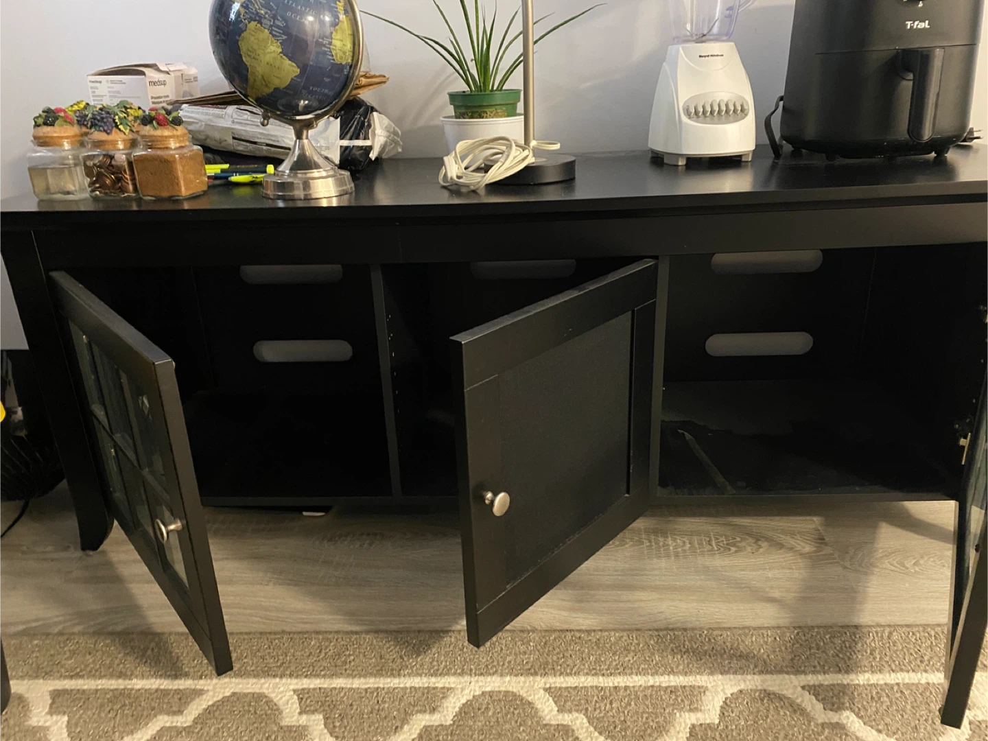 Black TV Stand with Cabinet Doors and Shelves - photo 3