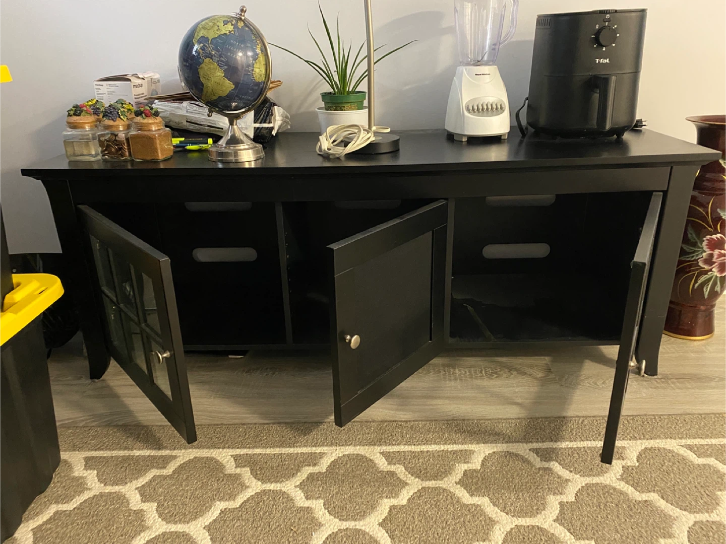 Black TV Stand with Cabinet Doors and Shelves - photo 2