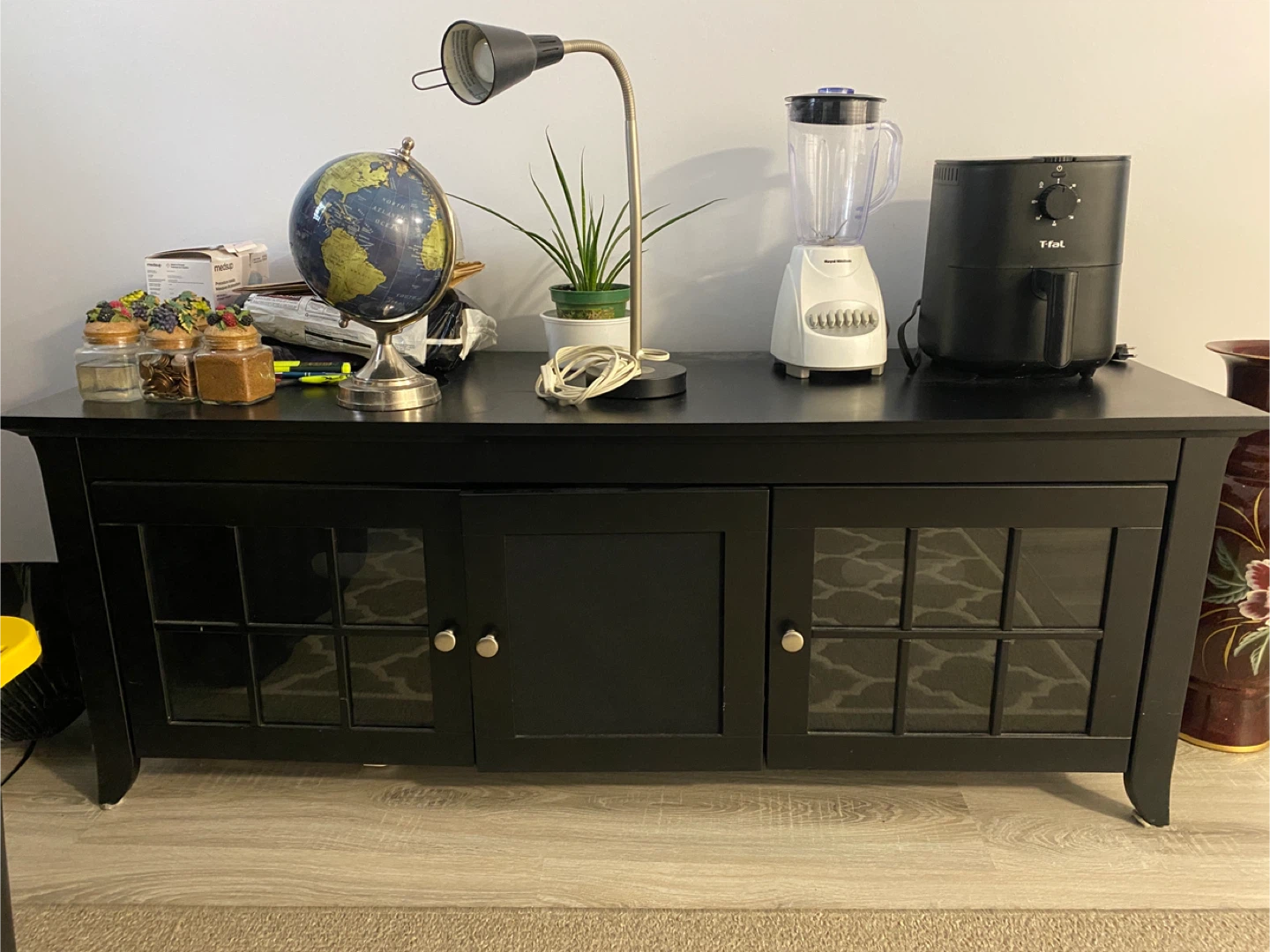 Black TV Stand with Cabinet Doors and Shelves