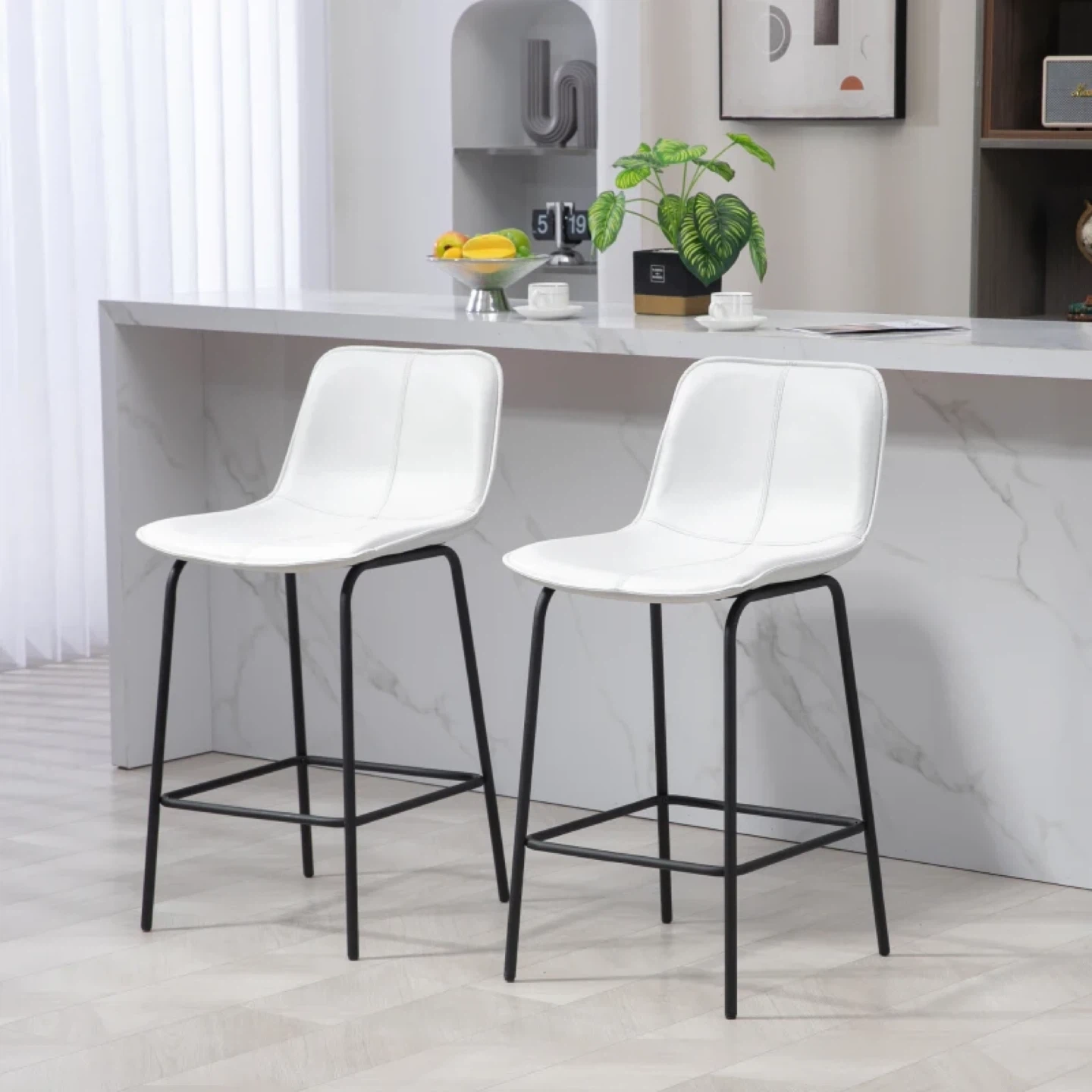 Set of 2 White Bar Chairs with Leather-like Microfiber Cloth
